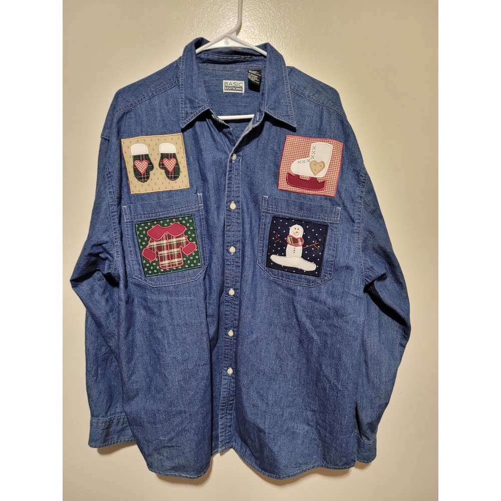 Basic Editions Denim Shirt Women‎ L Blue Winter Snowman Patchwork L/S